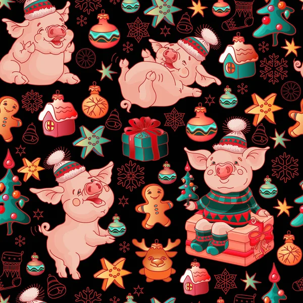 Komik domuz, renkli oyuncaklar, hediye kutuları ve Noel ağaçları ile sevimli Noel seamless modeli. Siyah arka plan üzerine izole stil vektör çizim karikatür.