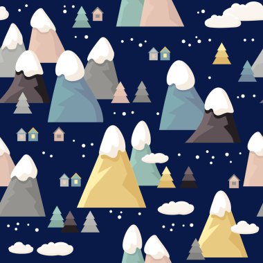 Dağ seamless modeli. Düz stil dağ ile karikatür beyaz bulutlar, ağaçlar, kar tepeleri üzerinde. Vektör illüstrasyon izole koyu mavi. Antika arka plan.