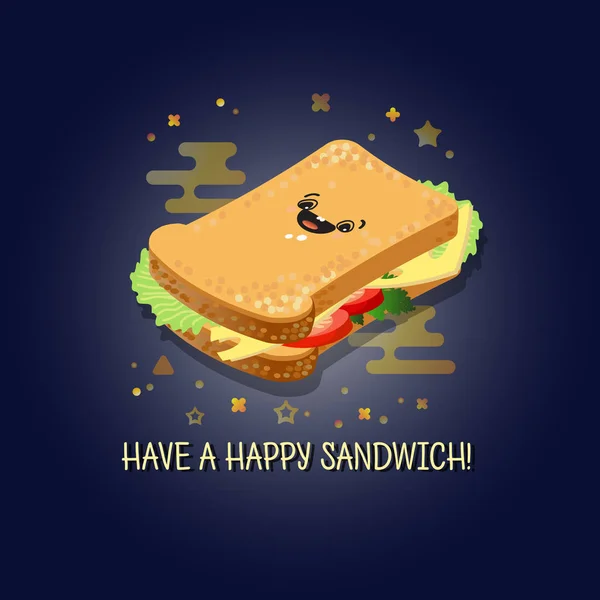 Съешь Счастливый Сэндвич Векторная Иллюстрация Мультяшного Улыбающегося Сэндвича Сыром Овощами — стоковый вектор