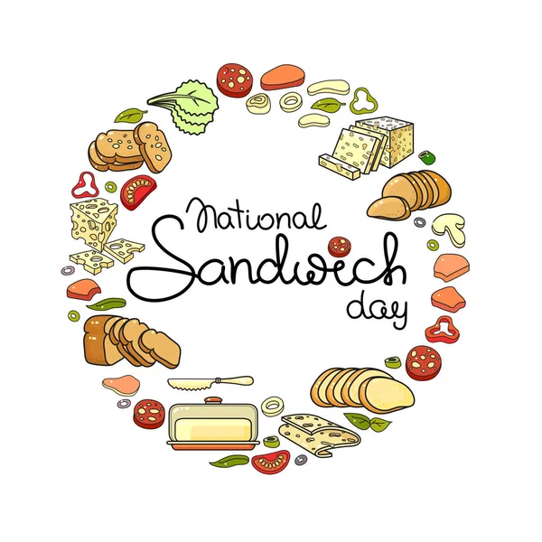 Nationale Sandwich Dag Vector Ingrediënten Voor Sandwich Geïsoleerd Wit Vlakke — Stockvector
