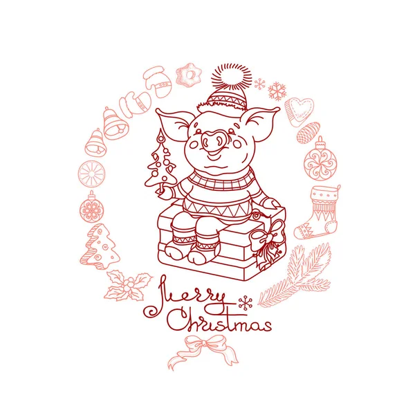 かわいい幸せのブタはギフト ボックスに座っているし グッズ クリスマス ツリーを保持しています 漫画のスタイルのアウトラインと白で隔離クリスマスのシンボルのセットで貯金箱 ベクトル — ストックベクタ