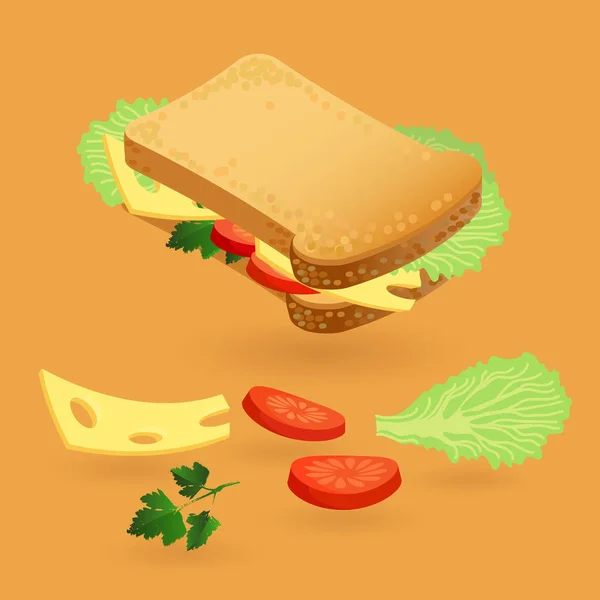 Sandwich Salad Leaf Slice Tomato Piece Cheese Vector Illustration Cartoon — Stock Vector