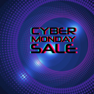 Cyber Pazartesi Satılık vektör banner şablon. Mavi arka plan ve aksaklık efektli metin parlayan. Satılık kavramı indirim. Modern tipografi.