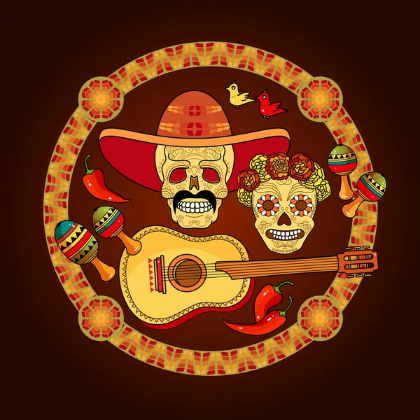 Gün ölü kartı. Vektör Illustration sombrero kafatasında, kafatası çiçekler, marakas ve gitar izole kahverengi üzerine yuvarlak çerçeve içinde. Meksika geleneksel tatil.