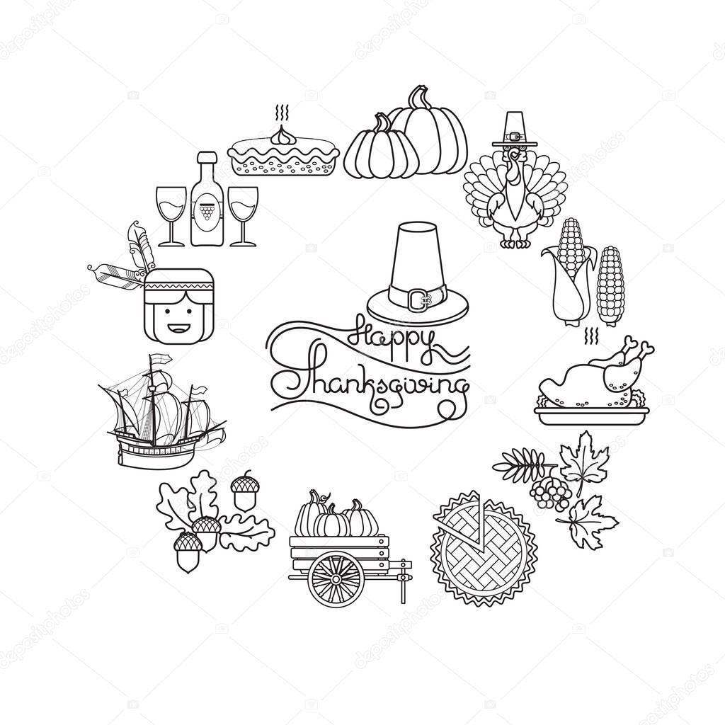 Vector set of linear cartoon icons for Thanksgiving day. Collection traditional Fall and Thanksgiving elements. Happy Thanksgiving lettering isolated on white.