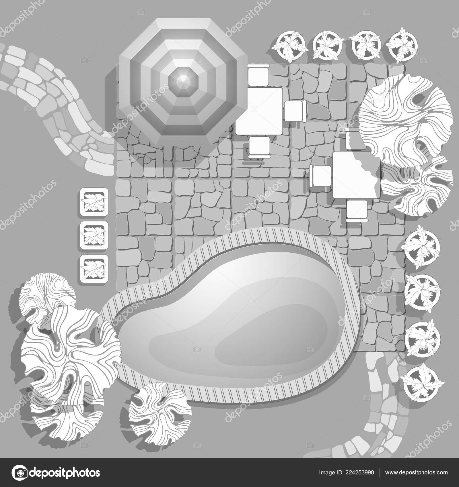 Planu Krajobrazu Basenem Parasol Kamienie ścieżki Roślin