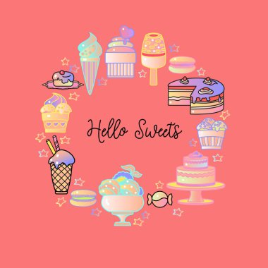 Merhaba tatlılar. Vektör tatlı günü kartı. Şekerleme simgesi, sevimli pembe arka plan çeşitli tatlılar izole dahil.
