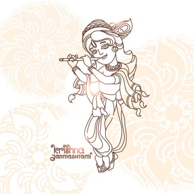 Krishna Janmashtami tebrik kartı. Vektör görüntü genç Lord Krishna'nın. Mandala ve el yazısı yazı beyaz zemin üzerine doğrusal illüstrasyon.