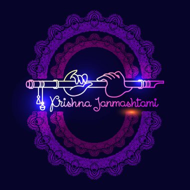 Krishna Janmashtami greeting card. Vector image with hands, flute and ethnic decorative elements. Linear illustration isolated on dark background.  Mandala and handwritten lettering. clipart