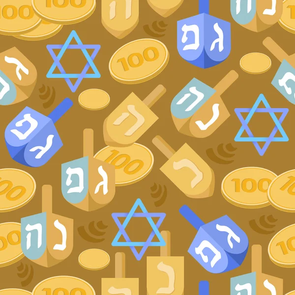 Chanuka Bezešvé Vzor Židovský Svátek Vektorový Pozadí Dreidl Hvězda Mince — Stockový vektor