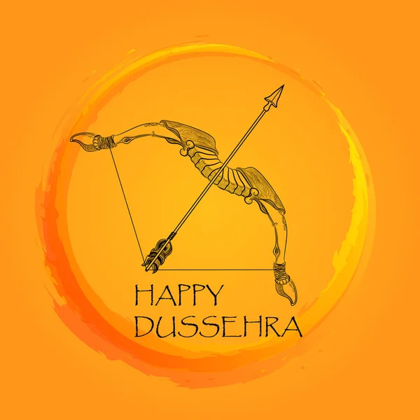 幸せこれ Dussehra インドのお祭りは 黒い手描き下ろし弓 オレンジ色の背景に分離された矢印のグリーティング カード ベクトル図 — ストックベクタ