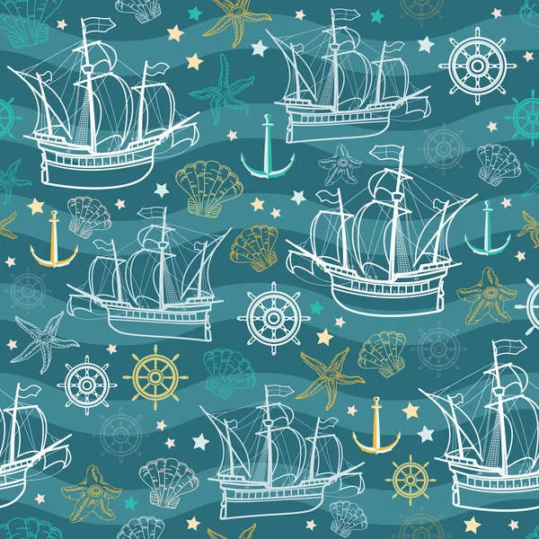 Бесшовный Морской Узор Парусниками Векторная Морская Иллюстрация Старый Парусный Корабль — стоковый вектор