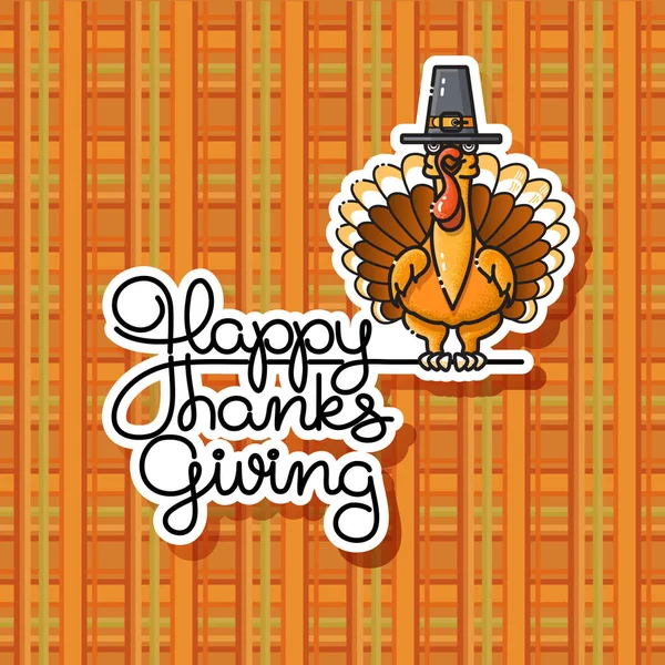 Happy Thanksgiving Kaart Handgeschreven Woorden Cute Cartoon Turkije Pelgrim Hoed — Stockvector