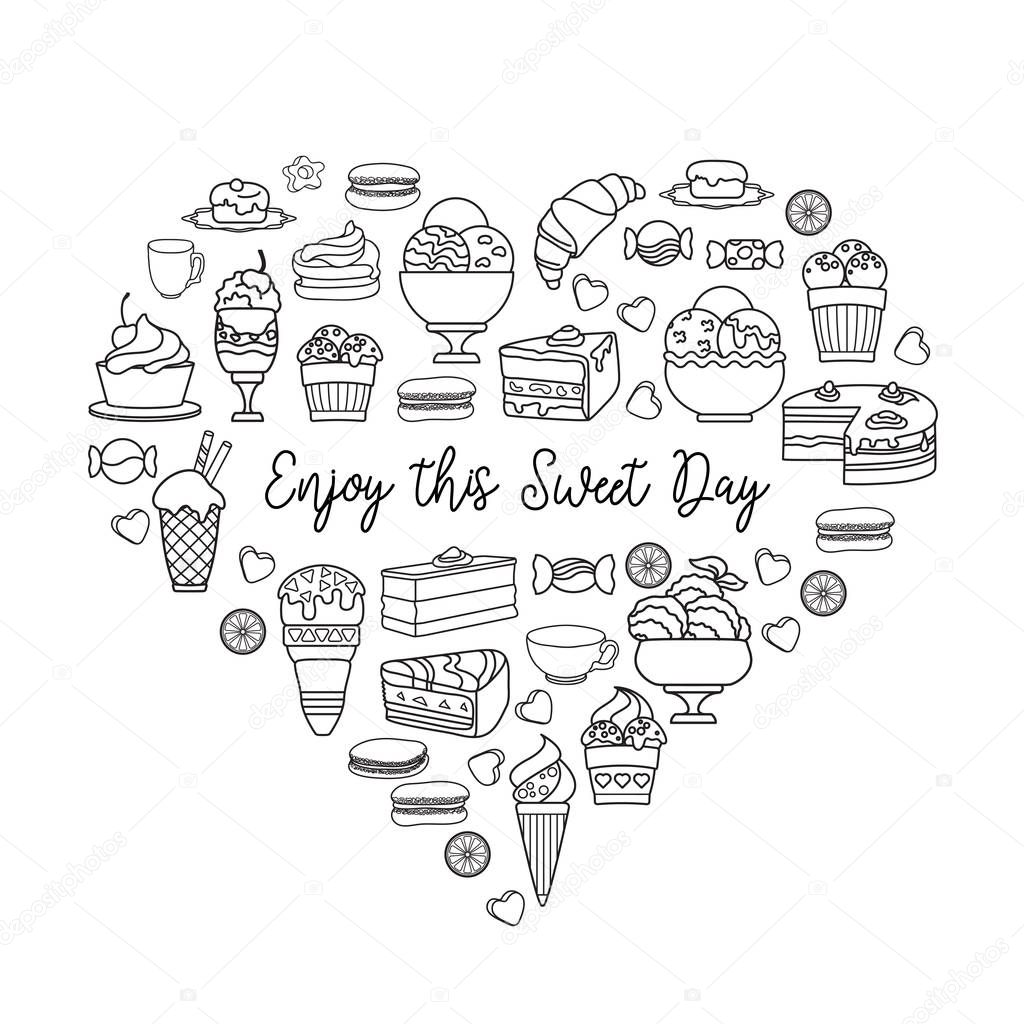 Linear icons of sweets located in the form of the heart. Enjoy this Sweet Day. Vector Sweetest Day card. Included confectionery icon, cute various desserts isolated on white background.