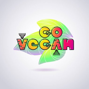 Parlak çizgi film tarzı yazıt Vegan gidin ve silüeti üzerinde izole beyaz arka plan bırakır. Promosyonlar, davetiyeler, kart, posterler ve diğer tasarım için kullanılabilir. Vektör.