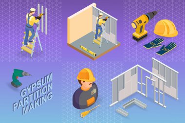 Alçı bölme yapma. Sanayi Hizmetleri. İzometrik iç kavramı onarır. İşçi, ekipman ve öğeleri izometrik simgesi. Üniforma, profesyonel aracı Builder'da. Vektör düz 3d çizim.
