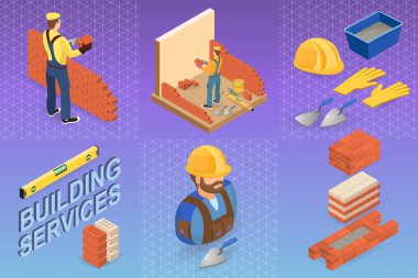 Isometric interior repairs concept. Builder with tools and materials near the brick wall. Bricklayer in uniform holds a brick and spatula. Worker builds a brick wall. Vector flat  illustration. clipart