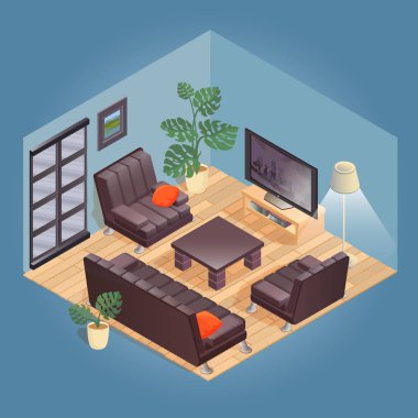 Detaylı izometrik mobilya ile iç parçası ayarlayın. Rahat oturma odası kanepe, tekli siyah döşemelik ve tablo, Tv, lamba ile içerir saksı. Vektör düz stil 3d çizim.