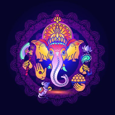 Hindu tanrısı Ganesha. Tanri Ganesh ile renkli kartı. El kabile stil vektör çizim çekilmiş. Hindu fil. Mutlu ganesh chaturthi tasarım.
