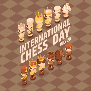 International Chess Day card. Isometric cartoon chess pieces King, Queen, Bishop, Rook, Pawn, Knife.  Cute chessman on checkered background. Vector flat illustration. July 20. Holiday poster  clipart