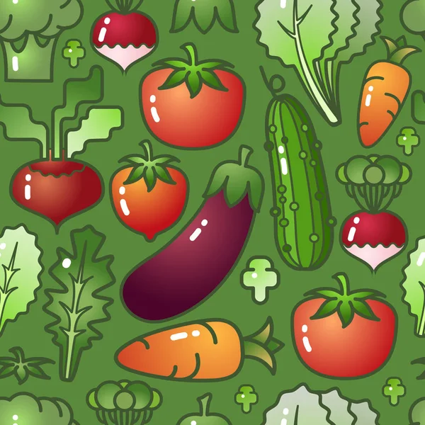 蔬菜无缝模式 在绿色背景上分离的胡萝卜 鸡蛋和沙拉 — 图库矢量图片