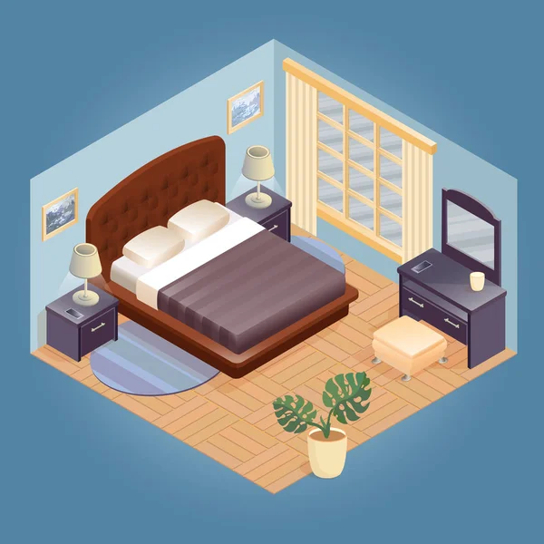 Fragmento Del Interior Con Conjunto Detallado Muebles Isométricos Dormitorio Dibujos — Vector de stock