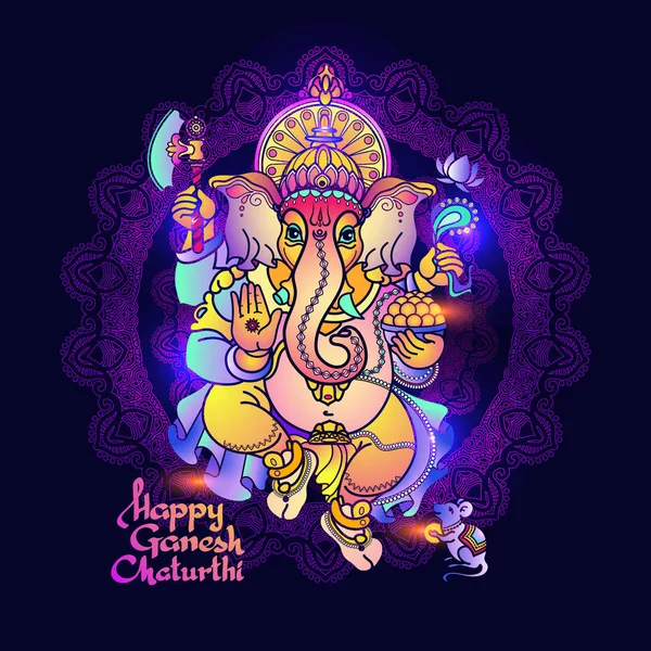 ヒンドゥー教の神ガネーシャ 主ガネーシュとライン アート カード 手描きトライバル スタイルです ガネーシャ国家各部暗い青色の背景のベクトル図です ヒンドゥー教の象 幸せガネーシャ Chaturthi — ストックベクタ