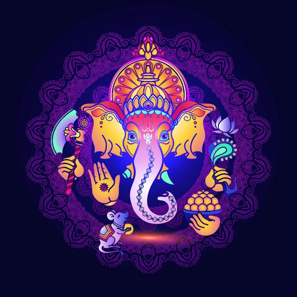 Hindu tanrısı Ganesha. Tanri Ganesh ile renkli kartı. El kabile stil vektör çizim çekilmiş. Hindu fil. Mutlu ganesh chaturthi tasarım.