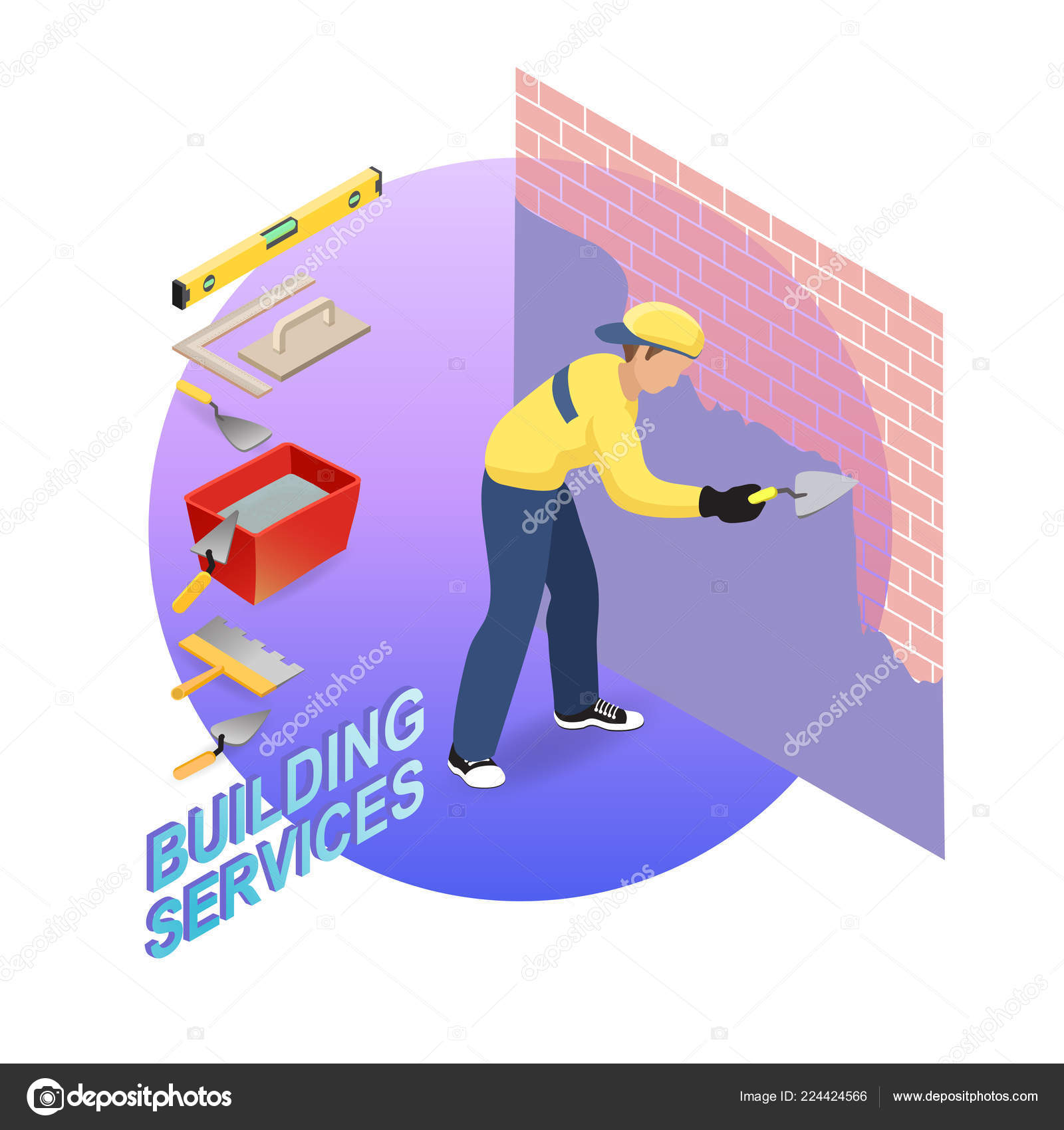 Isometric Interior Repairs Concept Builder Plastering Brick