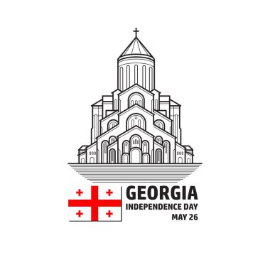 Gürcistan bağımsızlık günü greetiing kartı. Vektör. Bayrak ve kilise siluet. Hat tapınak izole üzerinde beyaz zemin üzerine.