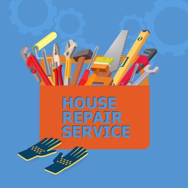 Isometric house repair service concept. Construction tools on blue background. Colorful flat design wrench, pliers, hammer, screwdriver. Set of hand tools for home renovation. Vector 3d illustration.