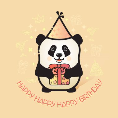 Doğum günü kartı. Parti şapkalı komik Panda hediye tutar. Açık renkli izole Doğum günü için vektör çizim ile bir satır sanat sevimli hayvan ayı panda ve aksesuarları. 