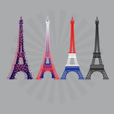 Eyfel Kulesi simgeler üzerinde izole gri arka plan ayarlayın. Paris siluetleri kuleleri. Vektör çizim.