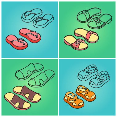 Çocuk, erkek ve kadın için izole doğrusal ve renkli ayakkabı. Yaz Ayakkabı Icons set. Moda Ayakkabı arka plan. Vektör izometrik karikatür çizim.