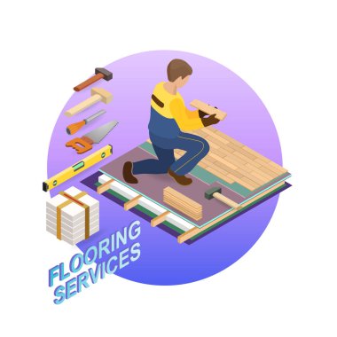 Ev onarım izometrik şablonu. Repairer parke hazırlanan çizgili yalıtılmış Bankası Binası üzerinde yatıyor. Oluşturucu üniformalı bir ahşap parke tutar. Parke hizmet. Vektör düz 3d çizim.