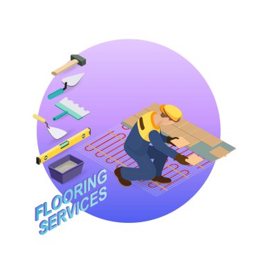 Ev onarım izometrik şablonu. Fayans yalıtılmış katta yükleme. Repairer karo döşeme. Oluşturucu üniformalı bir taş tutar. İşçi, araçları ve iç parçası. Vektör düz 3d çizim.