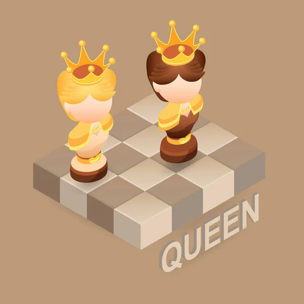 Izometrické Kreslený Šachové Figurky Queen Černá Bílá Roztomilý Šachová Figurka — Stockový vektor