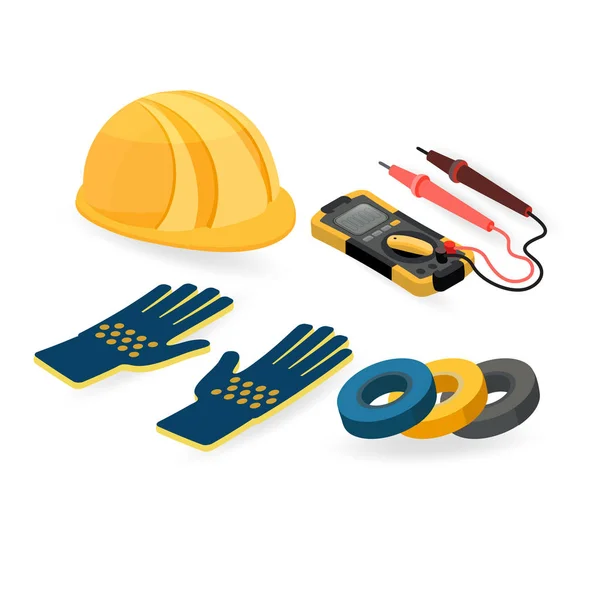 Casque Gants Testeur Bande Isolante Outils Construction Isométriques Isolés Sur — Image vectorielle