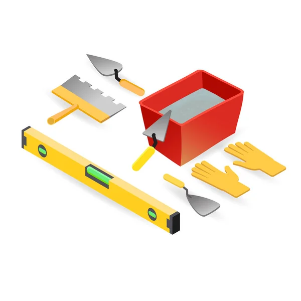 Nível Luvas Espátula Morteiro Ferramentas Construção Isométricas Isoladas Fundo Branco —  Vetores de Stock