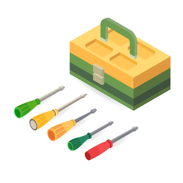 工具箱和螺丝刀 在白色背景上隔离的等距构造工具 五颜六色的平例证 用于家庭装修的矢量工具集 维修用仪器 — 图库矢量图片
