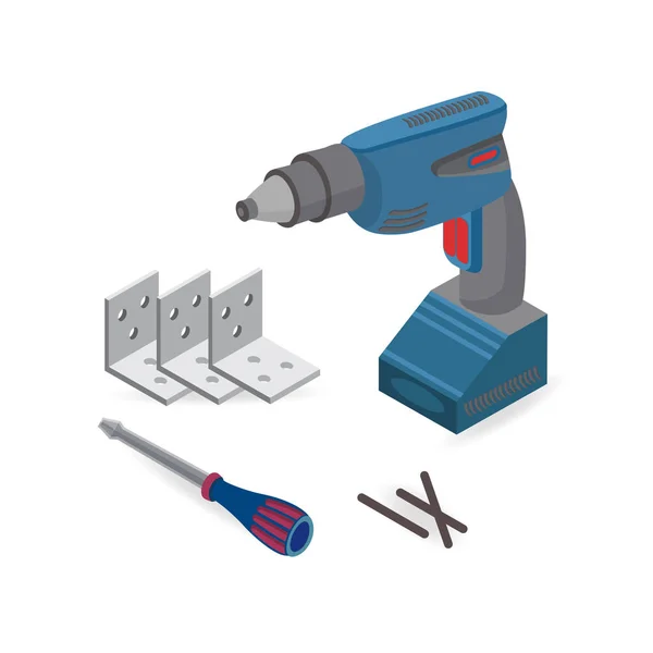 Furadeira Chave Fenda Ferramentas Construção Isométricas Isoladas Fundo Branco Ilustração —  Vetores de Stock