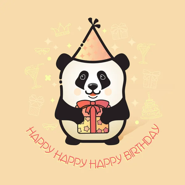 Κάρτα Γενεθλίων Αστεία Panda Στο Κόμμα Καπέλο Κρατά Ένα Δώρο — Διανυσματικό Αρχείο