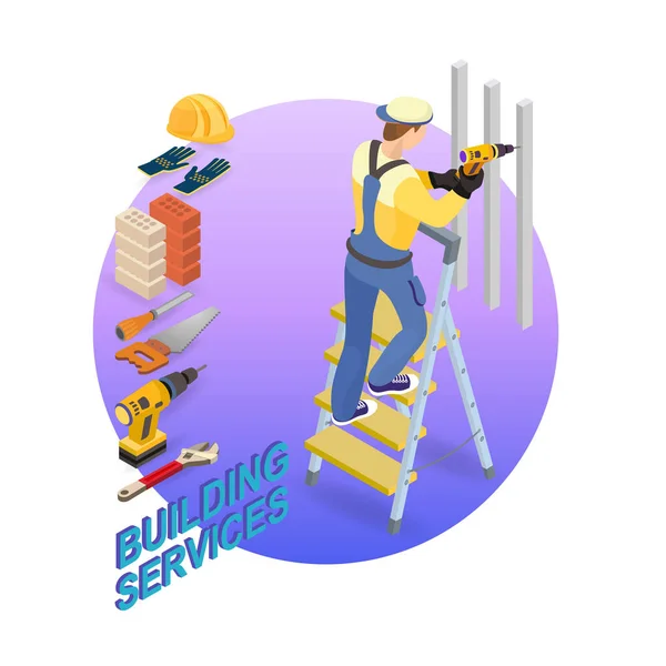 家庭维修等距模板 工人站在梯子上正在钻井 统一的生成器保存工具 建筑服务 修理工和工具 向量平3D — 图库矢量图片