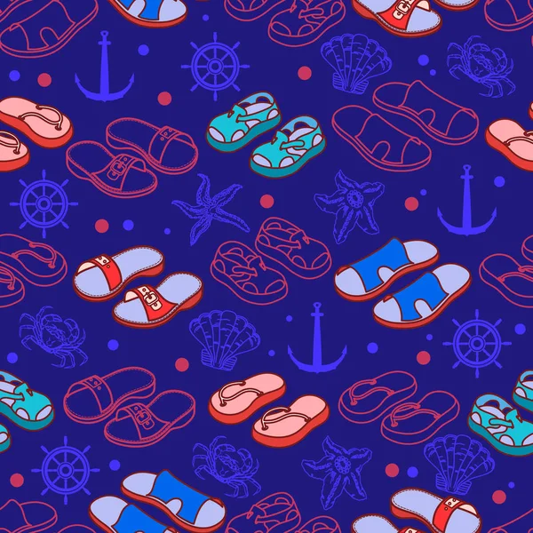 Zapatos Verano Azul Patrón Sin Costura Playa Vectorial Fondo Viaje — Vector de stock