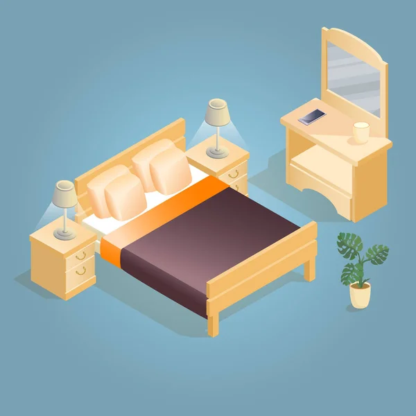 Isometrisch Cartoon Dubbele King Size Bed Met Matras Een Hoge — Stockvector