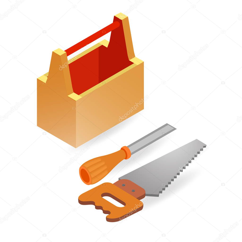 Handsaw, chisel, box. Isometric construction tools isolated on a white background. Colorful flat illustration. Vector set of hand tools for home renovation. Instruments for repair.
