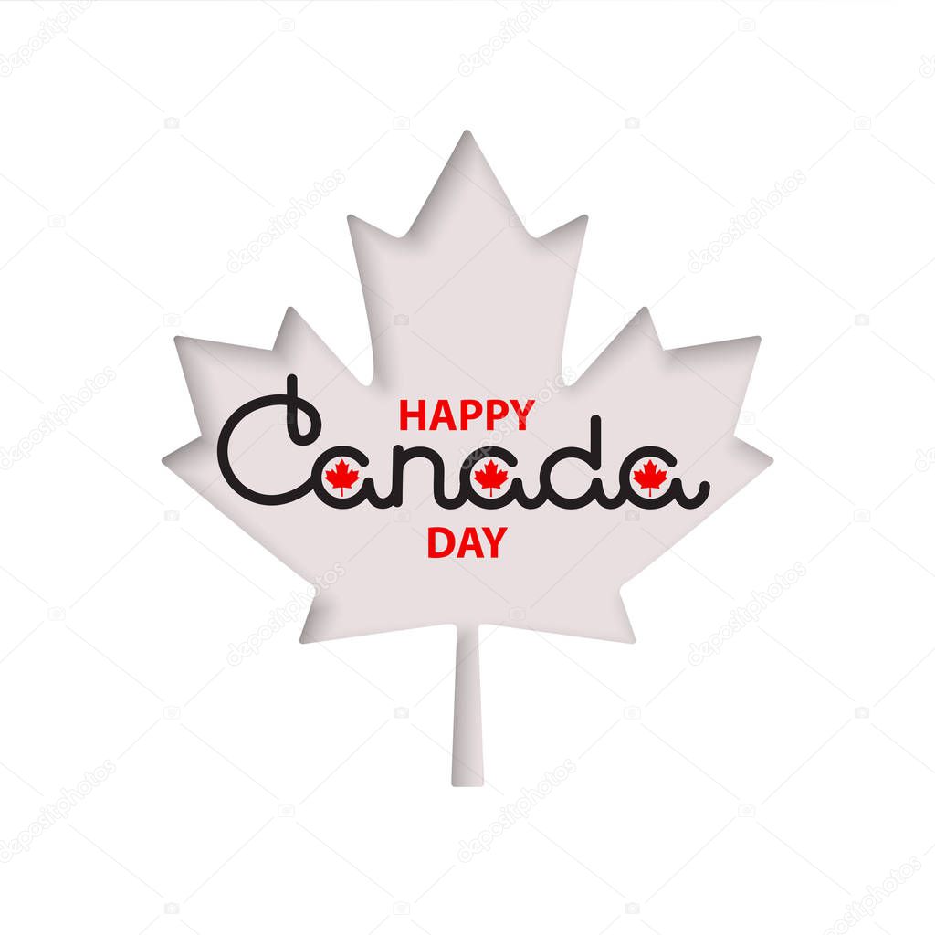 Happy Canada Day greeting card with handwritten word,  maple leaves on white. Vector illustration.  Icon. Emblem. Canada Day lettering isolated on white.  