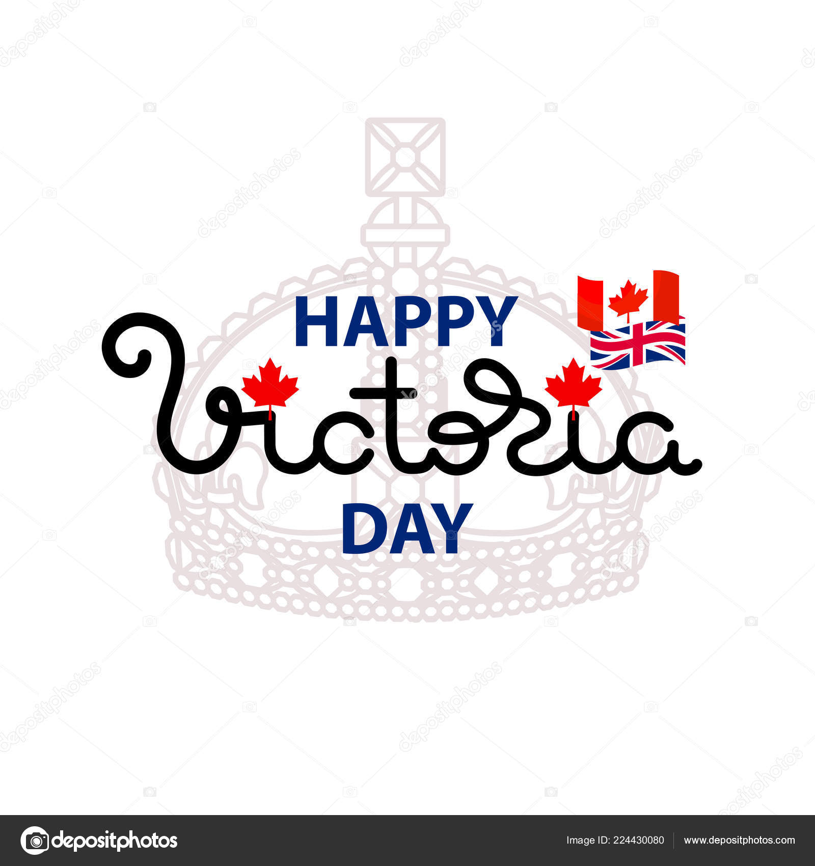 Happy Victoria Day Card Handwritten Word Flags Crown Maple Leaves Stock