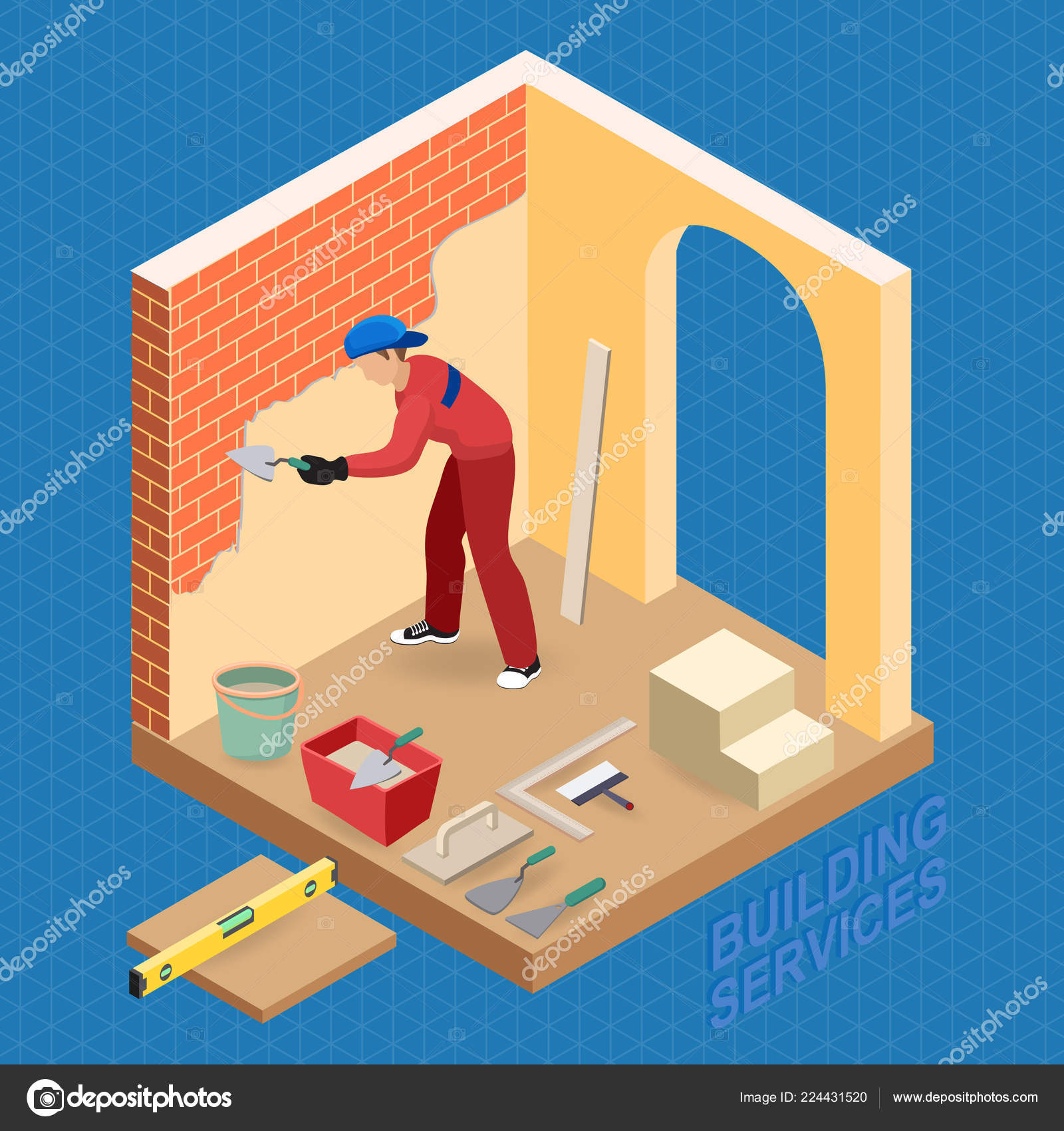 Isometric Interior Repairs Concept Builder Plastering Brick
