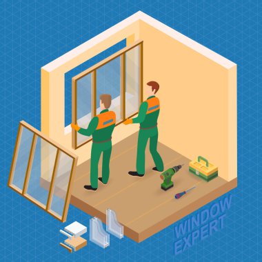 İzometrik iç kavramı onarır. Yeşil bir tulum giymiş işçi install pencere içinde windowhole. Repairers üniformalı bir pencere tutun. Vektör düz 3d çizim.
